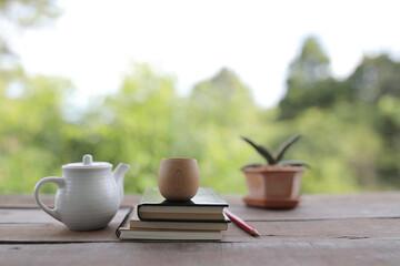 Tea cup with tea pot and aloe vera plant with notebooks and pencil on wooden table