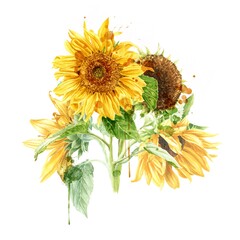 Watercolor bouquet of sunflowers isolated on white background. Hand drawn flowers illustration.