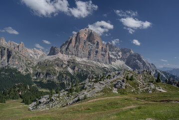 Tofana mountain group with Tofana di Rozes, Tofana di Mezzo and Tofana di Dentro peaks as seen from Cinque Torri, Dolomites, Cortina d'Ampezzo, Belluno, Veneto, Italy.