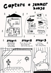 Poster about house cleaning service. Shampoo gloves. Soap toilet paper brush. Hand drawn sketch. Vector.