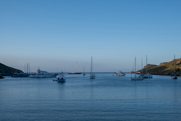Fototapeta na wymiar Greece, Tzia Kea island. Many yachts anchored in Otzias bay,