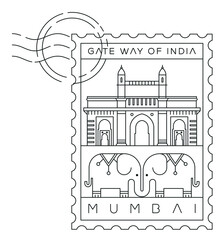 Gate way of india stamp, minimal linear vector illustration and typography design, Mumbai, india