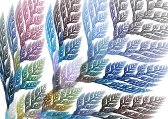 Colorful leaves of cold shades fill the white background. Abstract fractal background with a plant. 3D rendering. 3D illustration