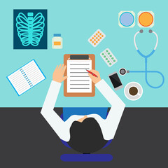 top view of doctor's table in doctor's room full of medical stuff. vector illustration