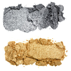 two swatches of eye shadow gold and silver on white background - obrazy, fototapety, plakaty