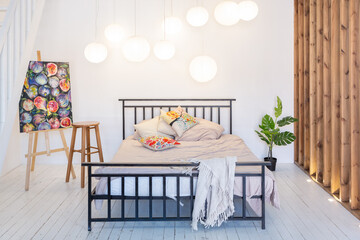 luxury modern design of a cozy small Scandinavian-style studio apartment with white walls, second...
