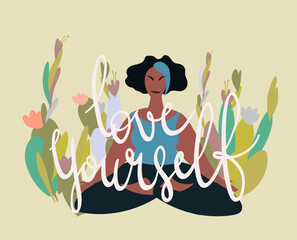 Woman doing meditation in lotus pose surrounded by plants. Minimal vector illustration.