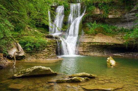  Idyllic rain forest waterfall, stream flowing in the lush green forest. High quality image.