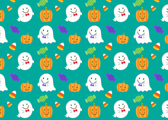Halloween seamless pattern - Ghost and candy with teal background