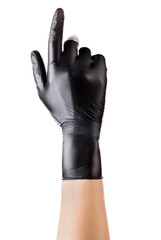 Hand in black gloves with the index finger pointing up on white