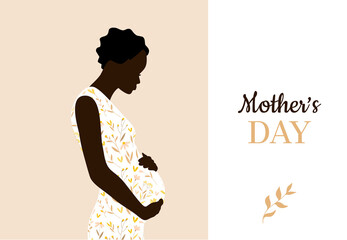 Happy mother's day. Afro American woman in beautiful floral pattern dress. Mother holds her belly. Lettering type.