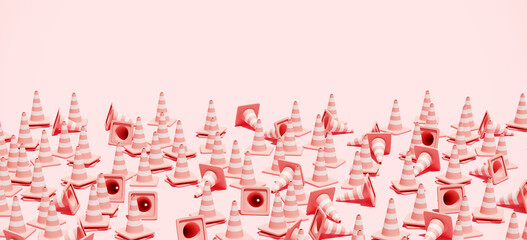 Minimal composition for caution and under construction concept. Pink with white stripes traffic cone on pink background. 3d rendering illustration. Object isolate clipping path included.