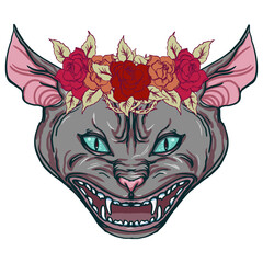 Realistic detailed hand drawn illustration of angry roaring sphinx cat head with roses wreath. Graphic tattoo style image. T-shirt print.