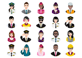 Big bundle of different people avatars. Set of professional airline team portraits. Men and women avatar characters.