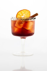 Fresh cocktail with fruits, ice and deco on white Background.