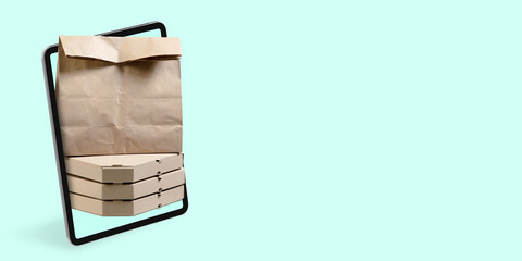 Eco-package with food. Home delivery, food purchase, order via the Internet. Your smartphone for food arriving to any address. Flyer with copyspace for ad. Shopping, deliverying goods concept.