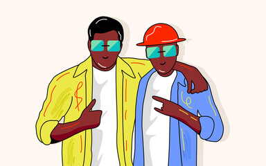 Two smiling boys hugging vector cartoon. Happy friendship day background.