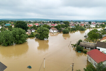 Aerial view of flooded houses with dirty water of Dnister river in Halych town, western Ukraine.