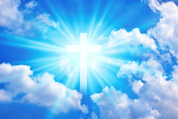 Silhouette Cross Crucifixion Of Jesus Christ with blue sky and beautiful clouds background, Easter concept.