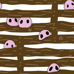 Pigs noses peeking through pigpen fencing seamless vector repeat pattern surface design