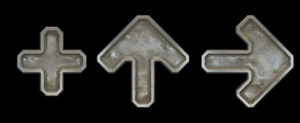 Set of symbols plus, up arrow and right arrow made of industrial metal on black background 3d