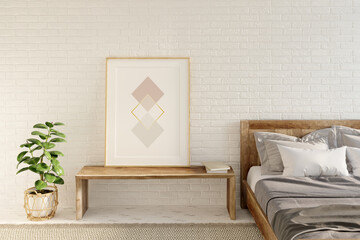 Bright interior with brick wall and beige carpet on a white wooden floor. Vertical poster stands on a wooden bench between a plant in an openwork basket and a wooden bed. Front view. 3d render