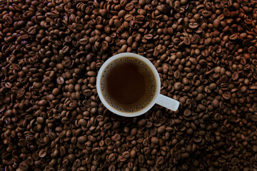 Freshness hot  coffee with coffee beans background
