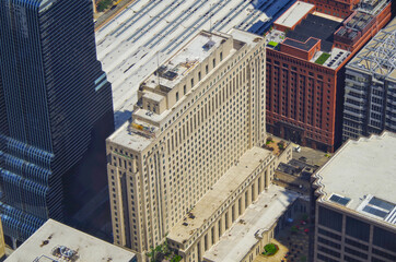 Panoramic view over skyline of downtown Chicago in Illinois from Willis Tower observation deck with...