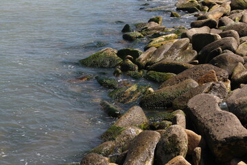 Sea pebble. Sea stones background. Ocean beach rocks.