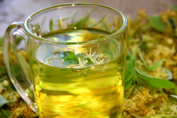 A Cup of lime tea on a background of lime flowers.