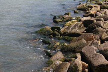 Sea pebble. Sea stones background. Ocean beach rocks.