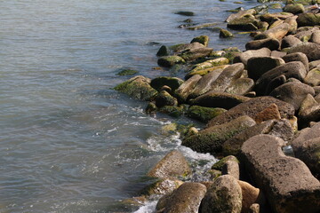 Sea pebble. Sea stones background. Ocean beach rocks.