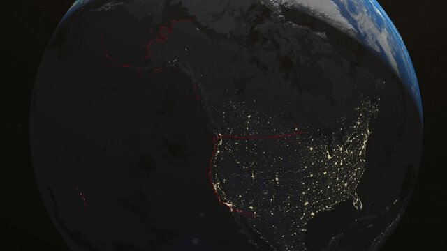 Seamless Looping 3d animated earth showing the boarders of the USA and the state Massachusetts at night in 4K resolution