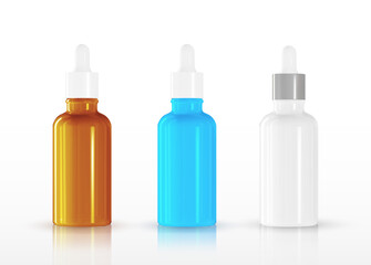 Set of realistic cosmetic container different color glass with collagen solution advertising background ready to use, luxury skin care cream. Beauty product ad design. Transparent pipette