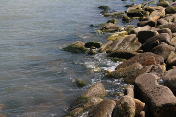 Sea pebble. Sea stones background. Ocean beach rocks.