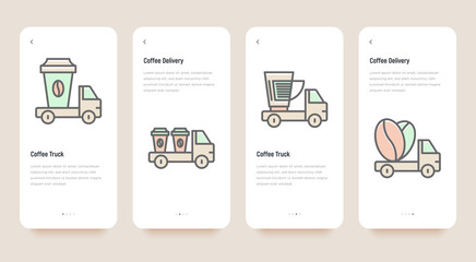 Coffee delivery mobile user interface. Street cafe. Coffee truck with thin line icons of coffee cups and beans. Vector illustration.