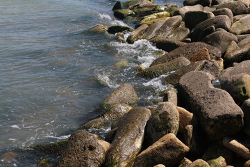 Sea pebble. Sea stones background. Ocean beach rocks.