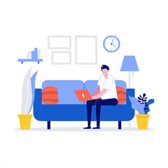Happy man sitting on sofa and working with laptop at home. Freelancer and home lifestyle concept. Can use for backgrounds, infographics, hero images. Modern vector illustration in flat style