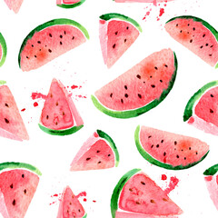 Simple Seamless Vector pattern with watercolor watermelon slices. Beautiful hand drawn texture on white background.