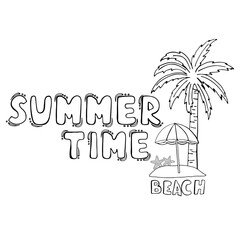 Fototapeta premium Hand drawn doodle sketch of tropical beach, palm tree, beach umbrella, starfishes. Lettering Summertime, beach. Holiday vacation illustration. Cartoon flat vector for greeting card, invitation