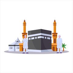 Illustration of muslims do the pilgrimage, tawaf in front of the Kaaba in the Grand Mosque, throwing the pilgrimage, sa'i and before staying in the field of arofah