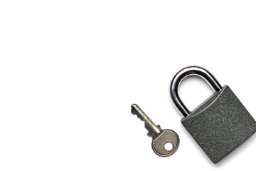 Padlock isolated on white background. Metal lock pad with key, security concept.