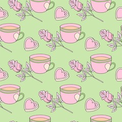 Valentines day seamless pattern with coffee cup and hearts. Beautiful greeting card with valentines day seamless pattern. Red heart valentine love logo vector. Holiday background.Vector illustration