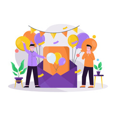 Flat vector illustration of festive birthday celebrations, using hats carrying balloons and gifts