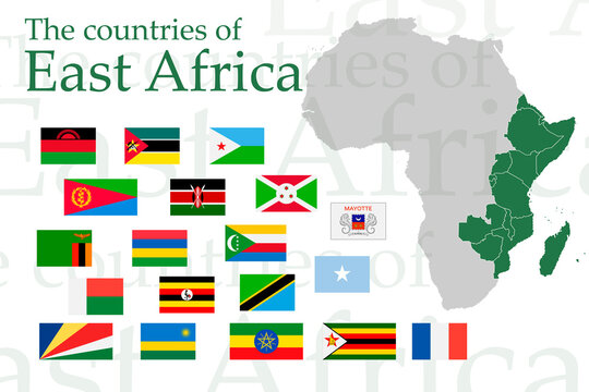 Set of icons for East Africa flags. Vector image of flags and maps of Africa on a white background. You can use it to create a website, print brochures, booklets, flyers, and travel guides.