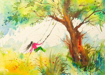 Obraz na płótnie Canvas Beautiful watercolour of girl on a swinging cot and trees made on handmade paper, painted by brush and paints.