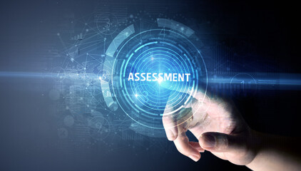 Hand touching ASSESSMENT button, modern business technology concept