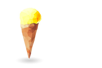 Low poly illustration of a sweet delicious yellow lemon ice cream against white background.. Summer concept and empty copy space for Editor's text.
