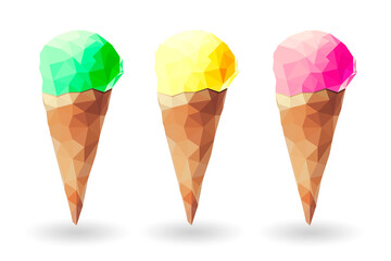 Low poly illustration of three sweet delicious yellow lemon cone ice creams against white background. Summer concept and empty copy space for Editor's text.