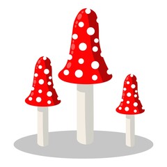 Cartoon Amanita muscaria fly agaric mushroom icon. Wild forest mushrooms in autumn, isolated vector illustration.